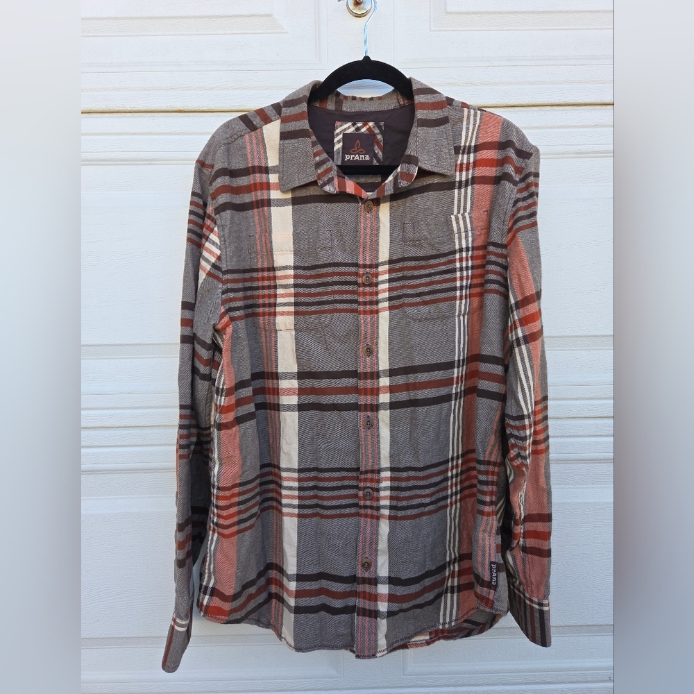 Prana Brown and Cream Casual Button Down Shirt - Picture 1 of 8